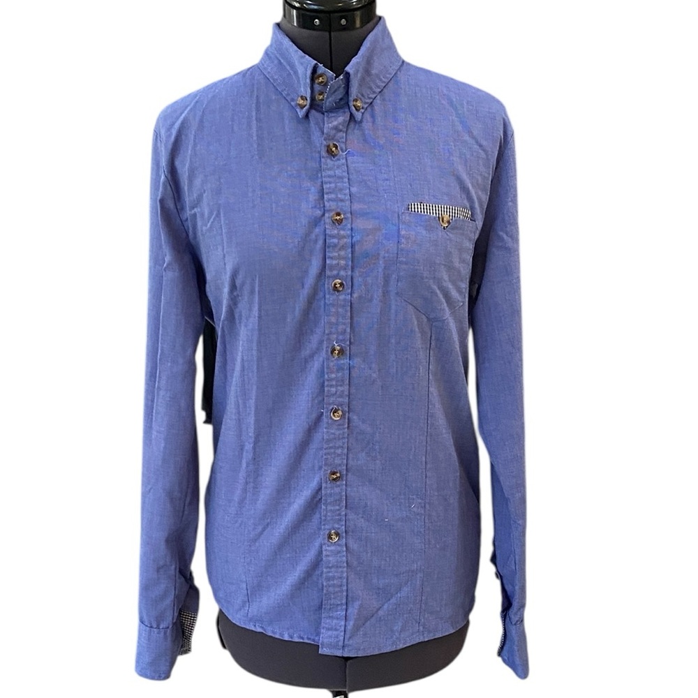 DOUBLJU Size M Men Designed by USA China Cotton Blue Shirt Buttons Long Sleeves